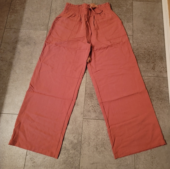 Women's Cotton Linen Pants Loose Elastic Waist Beach Trousers Size Large Brick - Picture 3 of 3